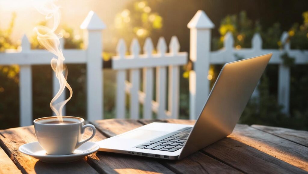 cup of coffee and laptop on garden table, with gate in background