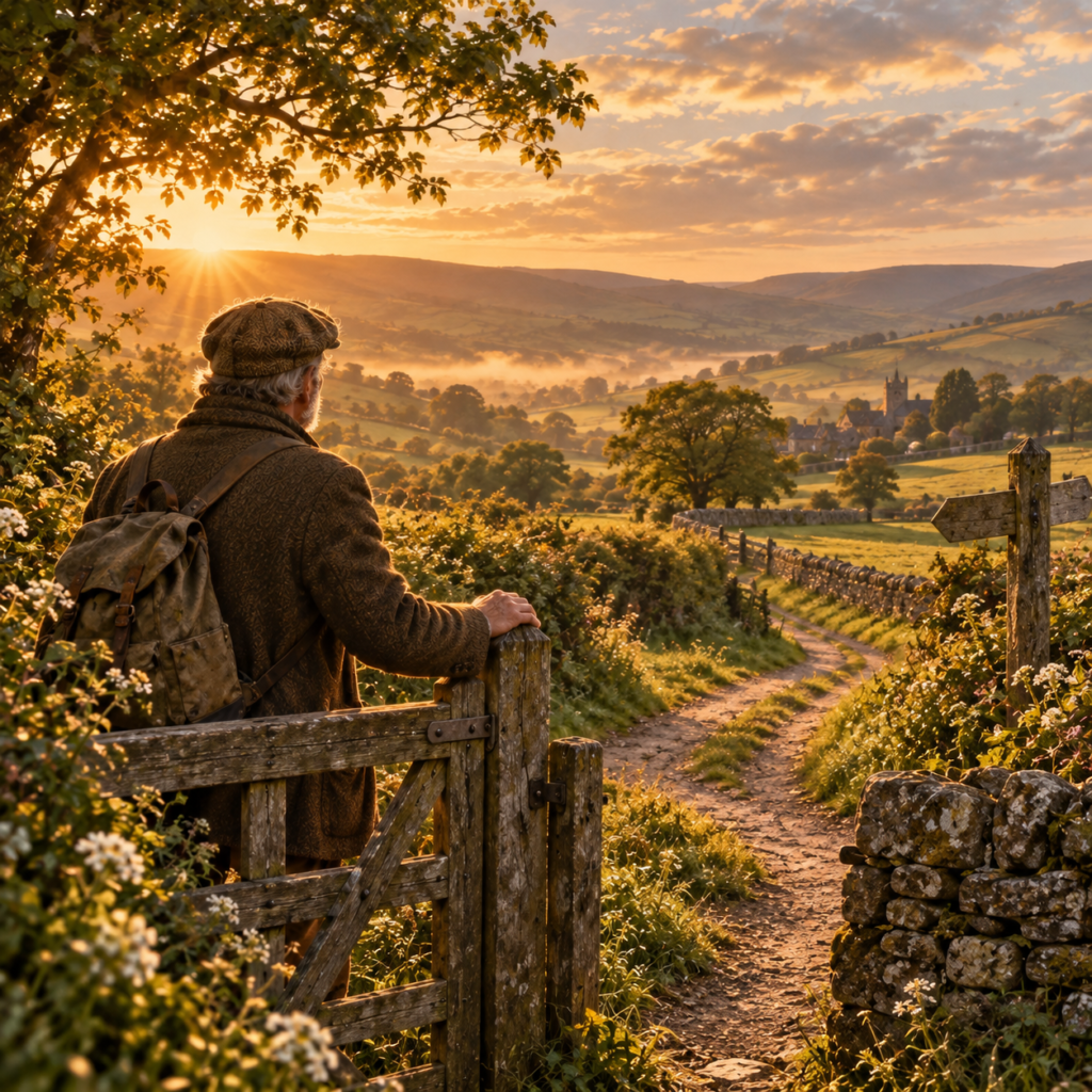 Person leaning against a countryside gate, looking across a sunlit landscape in quiet reflection.